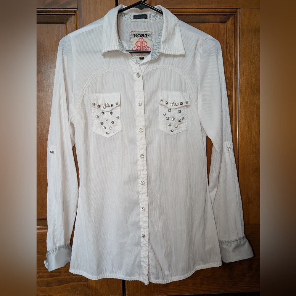 Roar White Button-Up Rhinestone Women's Shirt - Picture 2 of 16